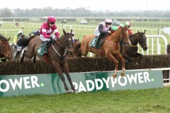 24 February 2019;  POKER PARTY, Rachael Blackmore up,  second right, jumps the fourth obstacle with runner-up, Monatomic, Denis O'Regan up, left, before landing The Paddy Power 6th Bet Free Novice Handicap Steeplechase at Naas.      © Peter Mooney, 59 Upper George's Street, Dun Laoghaire, Co. Dublin, Ireland.    Tel:  00 353 (0)86 2589298