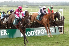 24 February 2019;  POKER PARTY, Rachael Blackmore up,  second right, jumps the fourth obstacle with runner-up, Monatomic, Denis O'Regan up, left, before landing The Paddy Power 6th Bet Free Novice Handicap Steeplechase at Naas.      © Peter Mooney, 59 Upper George's Street, Dun Laoghaire, Co. Dublin, Ireland.    Tel:  00 353 (0)86 2589298