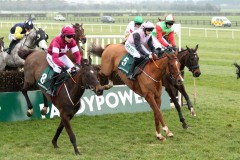 24 February 2019;  POKER PARTY, Rachael Blackmore up,  second right, jumps the fourth obstacle with runner-up, Monatomic, Denis O'Regan up, left, before landing The Paddy Power 6th Bet Free Novice Handicap Steeplechase at Naas.      © Peter Mooney, 59 Upper George's Street, Dun Laoghaire, Co. Dublin, Ireland.    Tel:  00 353 (0)86 2589298