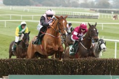 24 February 2019;  POKER PARTY, Rachael Blackmore up, jumps the final obstacle ahead of Monatomic, Denis O'Regan up, before landing The Paddy Power 6th Bet Free Novice Handicap Steeplechase at Naas.      © Peter Mooney, 59 Upper George's Street, Dun Laoghaire, Co. Dublin, Ireland.    Tel:  00 353 (0)86 2589298