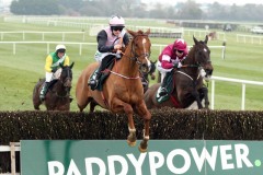 24 February 2019;  POKER PARTY, Rachael Blackmore up, jumps the final obstacle ahead of Monatomic, Denis O'Regan up, before landing The Paddy Power 6th Bet Free Novice Handicap Steeplechase at Naas.      © Peter Mooney, 59 Upper George's Street, Dun Laoghaire, Co. Dublin, Ireland.    Tel:  00 353 (0)86 2589298