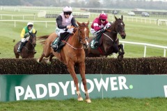 24 February 2019;  POKER PARTY, Rachael Blackmore up, jumps the final obstacle ahead of Monatomic, Denis O'Regan up, before landing The Paddy Power 6th Bet Free Novice Handicap Steeplechase at Naas.      © Peter Mooney, 59 Upper George's Street, Dun Laoghaire, Co. Dublin, Ireland.    Tel:  00 353 (0)86 2589298