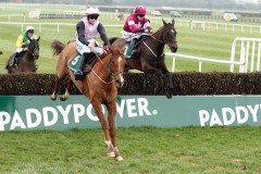 24 February 2019;  POKER PARTY, Rachael Blackmore up, jumps the final obstacle ahead of Monatomic, Denis O'Regan up, before landing The Paddy Power 6th Bet Free Novice Handicap Steeplechase at Naas.      © Peter Mooney, 59 Upper George's Street, Dun Laoghaire, Co. Dublin, Ireland.    Tel:  00 353 (0)86 2589298