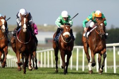 24 March 2019;  NORMANDEL, Kevin Manning up, right, holds the challenges of Hand On Heart, Wayne Lordan up, left, and Yulong Gold Fairy, Shane Foley up, to win The Lodge Park Stud Irish European Breeders Fund Park Express Stakes at Naas.      © Peter Mooney, 59 Upper George's Street, Dun Laoghaire, Co. Dublin, Ireland.    Tel:  00 353 (0)86 2589298