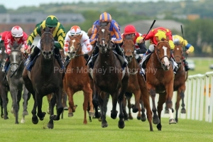 19 July 2019;  VITALOGY, Shane Cross up, right, defeating Arranmore, Kevin Manning up, left, and Harpocrates, Donnacha O'Brien up, centre, in The Irish Stallion Farms European Breeders Fund Maiden at Naas.      © Peter Mooney, 59 Upper George's Street, Dun Laoghaire, Co. Dublin, Ireland.    Tel:  00 353 (0)86 2589298