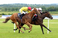19 July 2019;  DRUMQUINA, Andrew Slattery aboard, holds the challenge of Castletownshend, Billy Lee up, to win The Tom Jones Memorial Maiden at Naas.      © Peter Mooney, 59 Upper George's Street, Dun Laoghaire, Co. Dublin, Ireland.    Tel:  00 353 (0)86 2589298