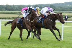 19 July 2019;  LEAGAN GAEILGE, Kevin Manning up, check cap, winning The Caragh Nurseries Handicap at Naas.      © Peter Mooney, 59 Upper George's Street, Dun Laoghaire, Co. Dublin, Ireland.    Tel:  00 353 (0)86 2589298