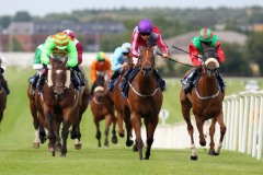 24 July 2019;  POWERSVILLE, Niall McCullagh up, defeating King's Sam, Colin Keane up, and Associate Rock, Rory Cleary up, in The Summer Racing & BBQ Evening Handicap at Naas.      © Peter Mooney, 59 Upper George's Street, Dun Laoghaire, Co. Dublin, Ireland.    Tel:  00 353 (0)86 2589298