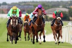 24 July 2019;  POWERSVILLE, Niall McCullagh up, second right, defeating King's Sam, Colin Keane up, left, and Associate Rock, Rory Cleary up, right, in The Summer Racing & BBQ Evening Handicap at Naas.      © Peter Mooney, 59 Upper George's Street, Dun Laoghaire, Co. Dublin, Ireland.    Tel:  00 353 (0)86 2589298