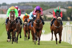 24 July 2019;  POWERSVILLE, Niall McCullagh up, second right, defeating King's Sam, Colin Keane up, left, and Associate Rock, Rory Cleary up, right, in The Summer Racing & BBQ Evening Handicap at Naas.      © Peter Mooney, 59 Upper George's Street, Dun Laoghaire, Co. Dublin, Ireland.    Tel:  00 353 (0)86 2589298