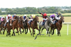 19 July 2019;  SERVALAN, Shane Foley up, check cap, shades the verdict from Woody Creek, Chris Hayes up, third right, and Gold Filigree, Shane Kelly up, grey, in The Yeomanstown Stud Irish European Breeders Fund Stakes at Naas.      © Peter Mooney, 59 Upper George's Street, Dun Laoghaire, Co. Dublin, Ireland.    Tel:  00 353 (0)86 2589298