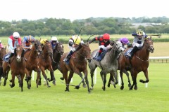 19 July 2019;  SERVALAN, Shane Foley up, check cap, shades the verdict from Woody Creek, Chris Hayes up, third right, and Gold Filigree, Shane Kelly up, grey, in The Yeomanstown Stud Irish European Breeders Fund Stakes at Naas.      © Peter Mooney, 59 Upper George's Street, Dun Laoghaire, Co. Dublin, Ireland.    Tel:  00 353 (0)86 2589298