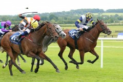 19 July 2019;  SERVALAN, Shane Foley up, check cap, shades the verdict from Woody Creek, Chris Hayes up, nearside, and Gold Filigree, Shane Kelly up, grey, in The Yeomanstown Stud Irish European Breeders Fund Stakes at Naas.      © Peter Mooney, 59 Upper George's Street, Dun Laoghaire, Co. Dublin, Ireland.    Tel:  00 353 (0)86 2589298