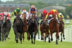 19 July 2019;  VITALOGY, Shane Cross up, right, defeating Arranmore, Kevin Manning up, left, and Harpocrates, Donnacha O'Brien up, centre, in The Irish Stallion Farms European Breeders Fund Maiden at Naas.      © Peter Mooney, 59 Upper George's Street, Dun Laoghaire, Co. Dublin, Ireland.    Tel:  00 353 (0)86 2589298