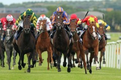 19 July 2019;  VITALOGY, Shane Cross up, right, defeating Arranmore, Kevin Manning up, left, and Harpocrates, Donnacha O'Brien up, centre, in The Irish Stallion Farms European Breeders Fund Maiden at Naas.      © Peter Mooney, 59 Upper George's Street, Dun Laoghaire, Co. Dublin, Ireland.    Tel:  00 353 (0)86 2589298
