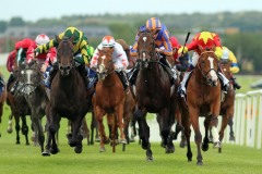 19 July 2019;  VITALOGY, Shane Cross up, right, defeating Arranmore, Kevin Manning up, left, and Harpocrates, Donnacha O'Brien up, centre, in The Irish Stallion Farms European Breeders Fund Maiden at Naas.      © Peter Mooney, 59 Upper George's Street, Dun Laoghaire, Co. Dublin, Ireland.    Tel:  00 353 (0)86 2589298