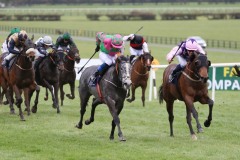 28 March 2021;   Wonder Elzaam, Luke McAteer up, far side, defeating Silver Service, Dylan Browne McMonagle up, in  The Capella Sansevero at Compas Stallions Handicap at Naas.  © Peter Mooney, 59 Upper George's Street, Dun Laoghaire, Co. Dublin, A96 H2R3, Ireland  Tel: 00 353 (0)86 2589298