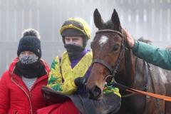 6 December 2020; Skyace and Jody McGarvey in the winner's enclosure after winning The Voler La Vedette Mares  Novice Hurdle at Punchestown. © Peter Mooney, 59 Upper George's Street, Dun Laoghaire, Co. Dublin, A96 H2R3, Ireland  Tel: 00 353 (0)86 2589298
