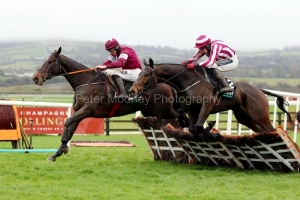 15 Novemberber 2020; Abacadabras, Jack Kennedy up, far side, leads Coeur Sublime, Keith Donoghue up, over the final flight before claiming The Unibet Morgiana Hurdle at Punchestown. © Peter Mooney, 59 Upper George's Street, Dun Laoghaire, Co. Dublin, A96 H2R3, Ireland  Tel: 00 353 (0)86 2589298