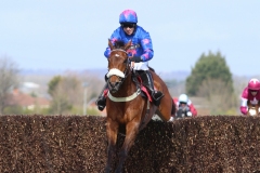 7 April 2016; CUE CARD and Paddy Brennan put in a fine leap  as they lead runner-up, Don Poli, Bryan Cooper up, right, at the final fence en route to claiming The Betfred Bowl Steeplechase at Aintree.  © Peter Mooney, 59 Upper George's Street, Dun Laoghaire, Co. Dublin A96 H2R3, Ireland.  Tel:  00 353 (0)86 2589298