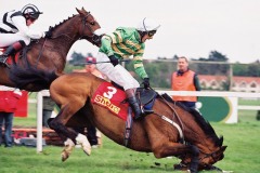 27 April 2001; Istabraq and Charlie Swan take a tumble at the final flight leaving Moscow Flyer and Berry Geraghty to gain success in The Shell Champion Hurdle at Leopardstown.    © Peter Mooney, 59 Upper George's Street, Dun Laoghaire, Co. Dublin A96 H2R3, Ireland.  Tel:  00 353 (0)86 2589298