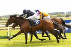 6 May 2019:   HAPPEN, Ryan Moore up, nearside, just overcomes, Dan's Dream, Ronan Whelan up, centre, and Rionach, Leigh Roche up, to win The Coolmore Gleneagles Irish European Breeders Fund Athasi Stakes at The Curragh.© Peter Mooney, 59 Upper George's Street, Dun Laoghaire, Co. Dublin, Ireland.    Tel:  00 353 (0)86 2589298