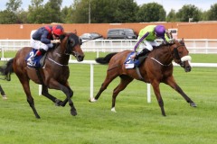 6 August 2018;  CHICAS AMIGAS, Colm O'Donoghue up, far side, defeating Evasive Power, Gary Halpin up, in The Mongey Communications Race at The Curragh.      © Peter Mooney, 59 Upper George's Street, Dun Laoghaire, Co. Dublin, Ireland.    Tel:  00 353 (0)86 2589298