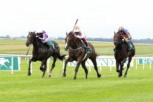 12 August 2018;   ADVERTISE, Frankie Dettori up, centre, defeating So Perfect, Seamie Heffernan up, white cap, and The irish Rover, Donnacha O'Brien up, in The Keeneland Phoenix Stakes at The Curragh.      © Peter Mooney, 59 Upper George's Street, Dun Laoghaire, Co. Dublin, Ireland.    Tel:  00 353 (0)86 2589298