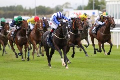 15 September 2019;  BUFFER ZONE, Colin Keane up, striped cap, defeating Make A Challenge, Joe Sheridan up, in The Irish Stallion Farms European Breeders Fund 'Bold Lad' Sprint Handicap at The Curragh.      © Peter Mooney, 59 Upper George's Street, Dun Laoghaire, Co. Dublin A96 H2R3, Ireland.    Tel:  00 353 (0)86 2589298