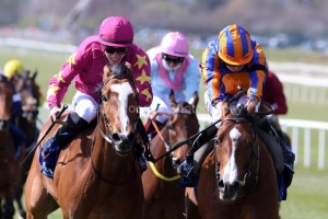 17 April 2021;  Broome, Ryan Moore up, right, defeating Thundering Nights, Shane Crosse up, in The Holden Plant Rentals Alleged Stakes at The Curragh.© Peter Mooney, 59 Upper George's Street, Dun Laoghaire, Co. Dublin, A96 H2R3, Ireland  Tel: 00 353 (0)86 2589298