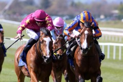 17 April 2021;  Broome, Ryan Moore up, right, defeating Thundering Nights, Shane Crosse up, in The Holden Plant Rentals Alleged Stakes at The Curragh.© Peter Mooney, 59 Upper George's Street, Dun Laoghaire, Co. Dublin, A96 H2R3, Ireland  Tel: 00 353 (0)86 2589298