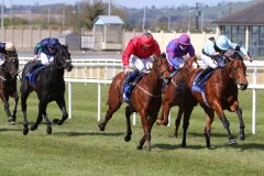 17 April 2021;   Glounthaune, Ryan Moore up, far side, holds the challenge of Castle Star, Colin Hayes up, to win The Irish Stallion Farms European Breeders Fund Maiden at The Curragh.© Peter Mooney, 59 Upper George's Street, Dun Laoghaire, Co. Dublin, A96 H2R3, Ireland  Tel: 00 353 (0)86 2589298