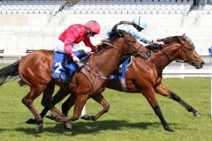 17 April 2021;   Glounthaune, Ryan Moore up, far side, holds the challenge of Castle Star, Colin Hayes up, to win The Irish Stallion Farms European Breeders Fund Maiden at The Curragh.© Peter Mooney, 59 Upper George's Street, Dun Laoghaire, Co. Dublin, A96 H2R3, Ireland  Tel: 00 353 (0)86 2589298