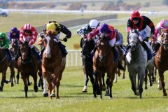 17 April 2021;   Raise You, Dylan Browne McMonagle aboard, second left, defeating Fame And Acclaim, Declan McDonogh up, centre, and Sirjack Thomas, Cian Mac Redmond up, grey, in The Tesoro Vita Handcap at The Curragh.© Peter Mooney, 59 Upper George's Street, Dun Laoghaire, Co. Dublin, A96 H2R3, Ireland  Tel: 00 353 (0)86 2589298