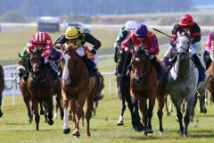 17 April 2021;   Raise You, Dylan Browne McMonagle aboard, second left, defeating Fame And Acclaim, Declan McDonogh up, centre, and Sirjack Thomas, Cian Mac Redmond up, grey, in The Tesoro Vita Handcap at The Curragh.© Peter Mooney, 59 Upper George's Street, Dun Laoghaire, Co. Dublin, A96 H2R3, Ireland  Tel: 00 353 (0)86 2589298