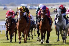 17 April 2021;   Raise You, Dylan Browne McMonagle aboard, second left, defeating Fame And Acclaim, Declan McDonogh up, centre, and Sirjack Thomas, Cian Mac Redmond up, grey, in The Tesoro Vita Handcap at The Curragh.© Peter Mooney, 59 Upper George's Street, Dun Laoghaire, Co. Dublin, A96 H2R3, Ireland  Tel: 00 353 (0)86 2589298