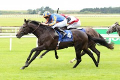 18 July 2019;  IBERIA, Ryan Moore up, defeating Jungle Cove, Shane Foley up, in The evoke.ie Irish European Breeders Fund Maiden at The Curragh.      © Peter Mooney, 59 Upper George's Street, Dun Laoghaire, Co. Dublin, Ireland.    Tel:  00 353 (0)86 2589298