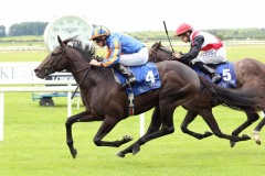 18 July 2019;  IBERIA, Ryan Moore up, defeating Jungle Cove, Shane Foley up, in The evoke.ie Irish European Breeders Fund Maiden at The Curragh.      © Peter Mooney, 59 Upper George's Street, Dun Laoghaire, Co. Dublin, Ireland.    Tel:  00 353 (0)86 2589298