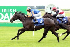 18 July 2019;  IBERIA, Ryan Moore up, defeating Jungle Cove, Shane Foley up, in The evoke.ie Irish European Breeders Fund Maiden at The Curragh.      © Peter Mooney, 59 Upper George's Street, Dun Laoghaire, Co. Dublin, Ireland.    Tel:  00 353 (0)86 2589298