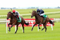 18 July 2019; STAR CATCHER, Frankie Dettori, holds the challenge of Fleeting Donnacha O'Brien up, to win The Kerrygold Irish Oaks at The Curragh.      © Peter Mooney, 59 Upper George's Street, Dun Laoghaire, Co. Dublin, Ireland.    Tel:  00 353 (0)86 2589298