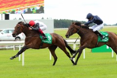 18 July 2019; STAR CATCHER, Frankie Dettori, holds the challenge of Fleeting Donnacha O'Brien up, to win The Kerrygold Irish Oaks at The Curragh.      © Peter Mooney, 59 Upper George's Street, Dun Laoghaire, Co. Dublin, Ireland.    Tel:  00 353 (0)86 2589298