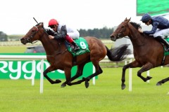 18 July 2019; STAR CATCHER, Frankie Dettori, holds the challenge of Fleeting Donnacha O'Brien up, to win The Kerrygold Irish Oaks at The Curragh.      © Peter Mooney, 59 Upper George's Street, Dun Laoghaire, Co. Dublin, Ireland.    Tel:  00 353 (0)86 2589298