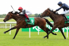 18 July 2019; STAR CATCHER, Frankie Dettori, holds the challenge of Fleeting Donnacha O'Brien up, to win The Kerrygold Irish Oaks at The Curragh.      © Peter Mooney, 59 Upper George's Street, Dun Laoghaire, Co. Dublin, Ireland.    Tel:  00 353 (0)86 2589298