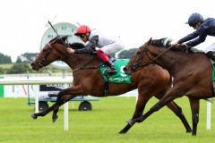 18 July 2019; STAR CATCHER, Frankie Dettori, holds the challenge of Fleeting Donnacha O'Brien up, to win The Kerrygold Irish Oaks at The Curragh.      © Peter Mooney, 59 Upper George's Street, Dun Laoghaire, Co. Dublin, Ireland.    Tel:  00 353 (0)86 2589298