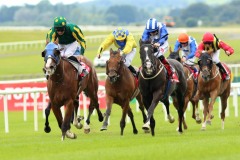 18 July 2019;  VERHOYEN, Rory Cleary up, striped sleeves, defeating Buffer Zone, Colin Keane up, in The Tote Scurry Handicap at The Curragh.      © Peter Mooney, 59 Upper George's Street, Dun Laoghaire, Co. Dublin, Ireland.    Tel:  00 353 (0)86 2589298