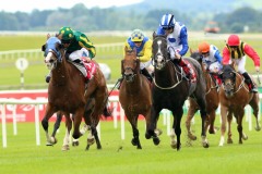 18 July 2019;  VERHOYEN, Rory Cleary up, striped sleeves, defeating Buffer Zone, Colin Keane up, in The Tote Scurry Handicap at The Curragh.      © Peter Mooney, 59 Upper George's Street, Dun Laoghaire, Co. Dublin, Ireland.    Tel:  00 353 (0)86 2589298
