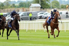 19 July 2019;   FRENCH RAIN, Colin Keane up, right, defeating Blissful, Ryan Moore up, in The Irish Stallion Farms European Breeders Fund Fillies Maiden at The Curragh.      © Peter Mooney, 59 Upper George's Street, Dun Laoghaire, Co. Dublin, Ireland.    Tel:  00 353 (0)86 2589298