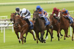 23 August 2019;  ALPINE STAR, Shane Foley up, white cap, defeating Petite Mustique, Donnacha O'Brien up, nearside, and Soul Search, Colin Keane up, far side, in The Debutante Stakes at The Curragh.      © Peter Mooney, 59 Upper George's Street, Dun Laoghaire, Co. Dublin A96 H2R3, Ireland.    Tel:  00 353 (0)86 2589298
