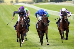 25 August 2018;   FLAG OF HONOUR, Donnacha O'Brien up, left, overcomes Twilight Payment, Kevin Manning up, to win The Comer Group International Irish St Leger Trial Stakes at The Curragh.      © Peter Mooney, 59 Upper George's Street, Dun Laoghaire, Co. Dublin, Ireland.    Tel:  00 353 (0)86 2589298