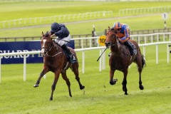26 August 2018;   ANTHONY VAN DYCK, Ryan Moore up, defeating stablemate, Christmas, Seamie Heffernan up, in The Galileo Irish European Breeders Fund Futurity Stakes at The Curragh.      © Peter Mooney, 59 Upper George's Street, Dun Laoghaire, Co. Dublin, Ireland.    Tel:  00 353 (0)86 2589298